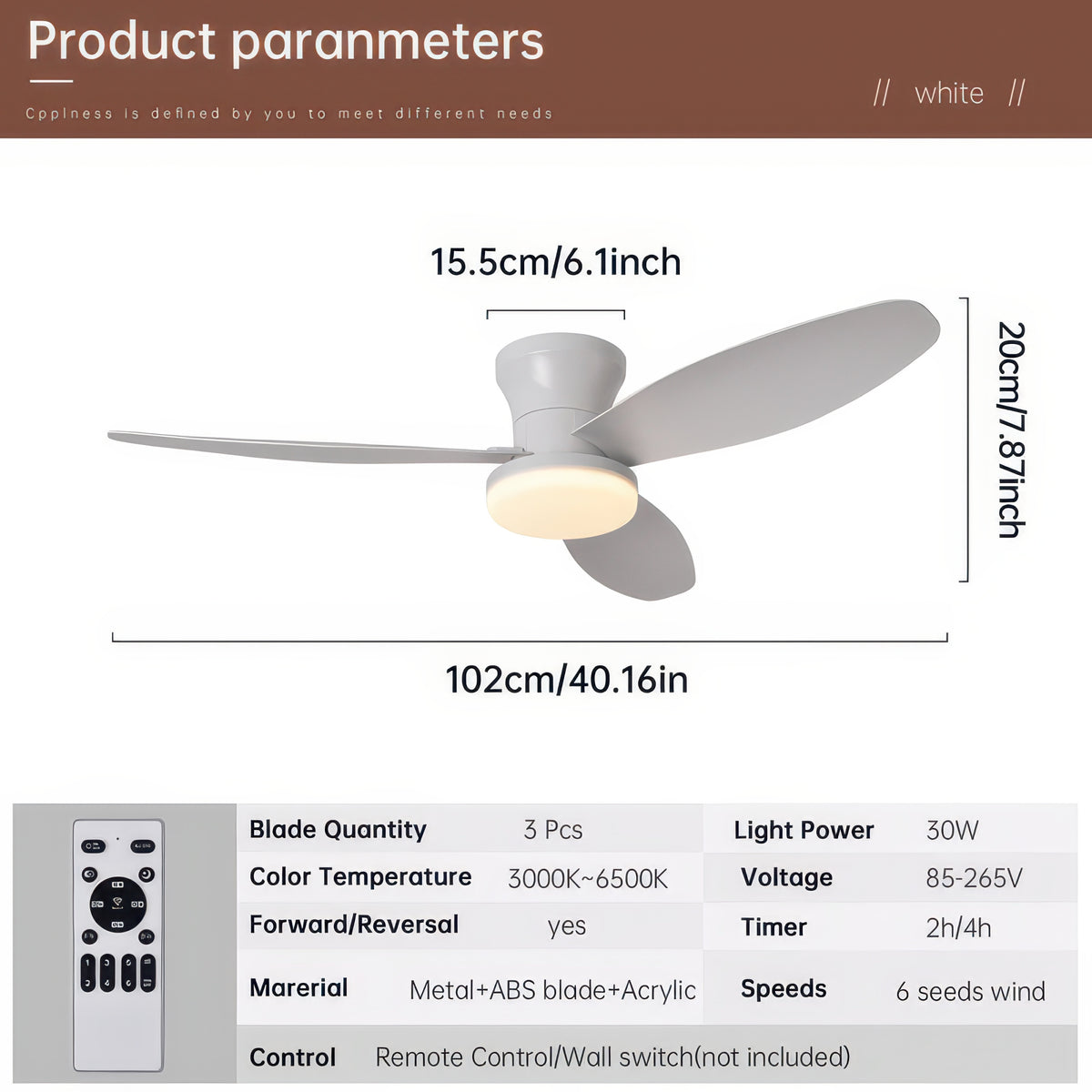 Three-Blade Ceiling Fan with Dimmable Light and Remote
