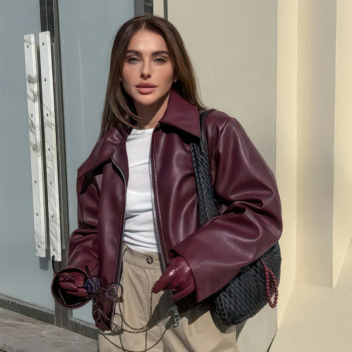 Women's Faux Leather Jacket in Burgundy and Champagne, Lapel Zip-Up Street Coat