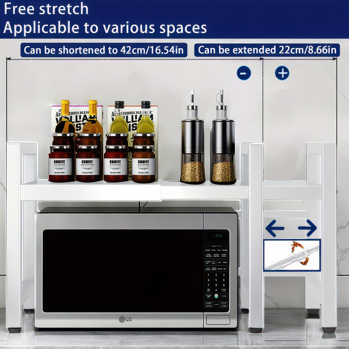 Expandable Microwave Shelf with 6 Hooks Kitchen Storage Rack Extendable 40-64cm