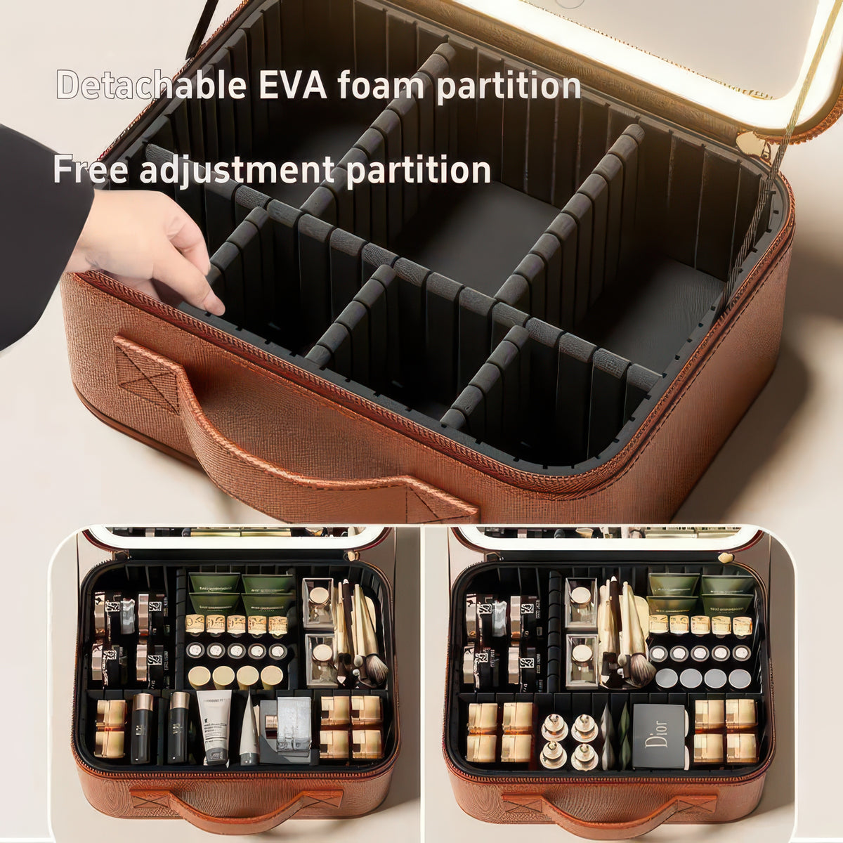 Large Portable Makeup Bag with LED Light and Mirror, Removable Partition, PVC