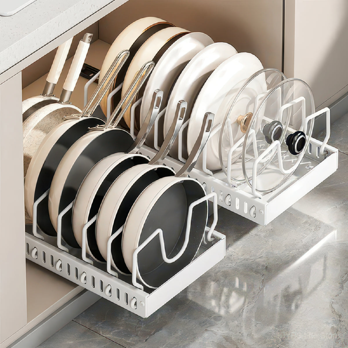 Under-Cabinet Sliding Pots and Pans Organizer with 8 Adjustable Dividers