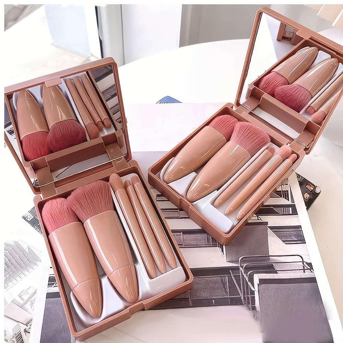 5-Piece Portable Makeup Brush Set with Foldable Mirror Case