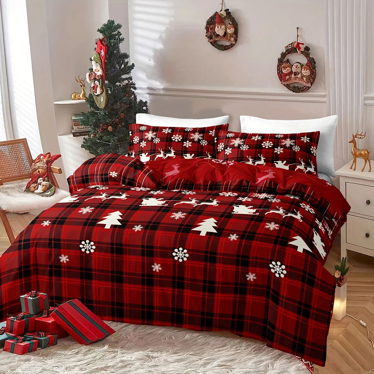 Christmas Duvet Cover Set – Elk Snowflake Print 3-Piece Bedding