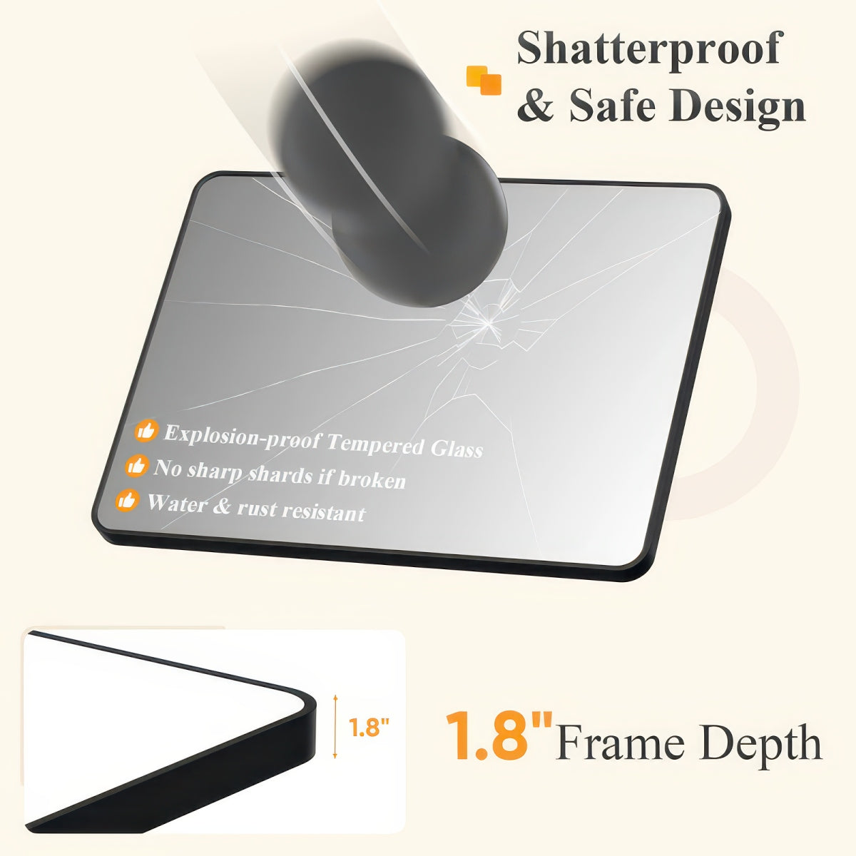 Tempered Glass Wall Mirror with Aluminum Frame, Multiple Sizes, Horizontal or Vertical