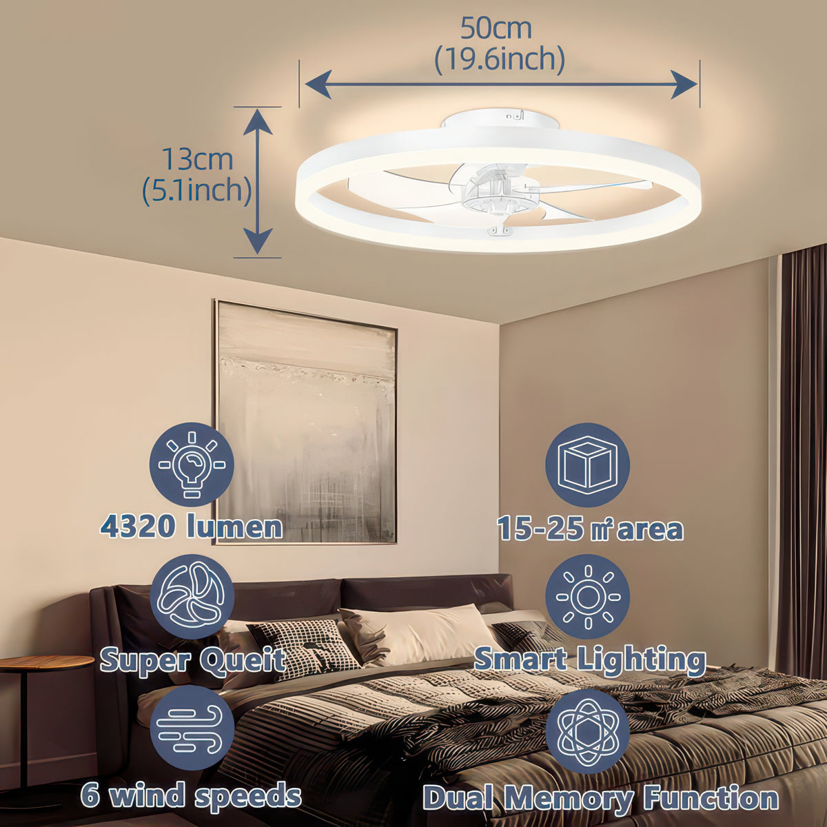 50cm Dimmable Ceiling Fan Light with Remote and Six Speeds