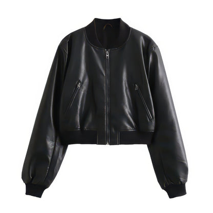 Women's Short Faux Leather Pilot Jacket, Slim Zip-Up Coat for Autumn