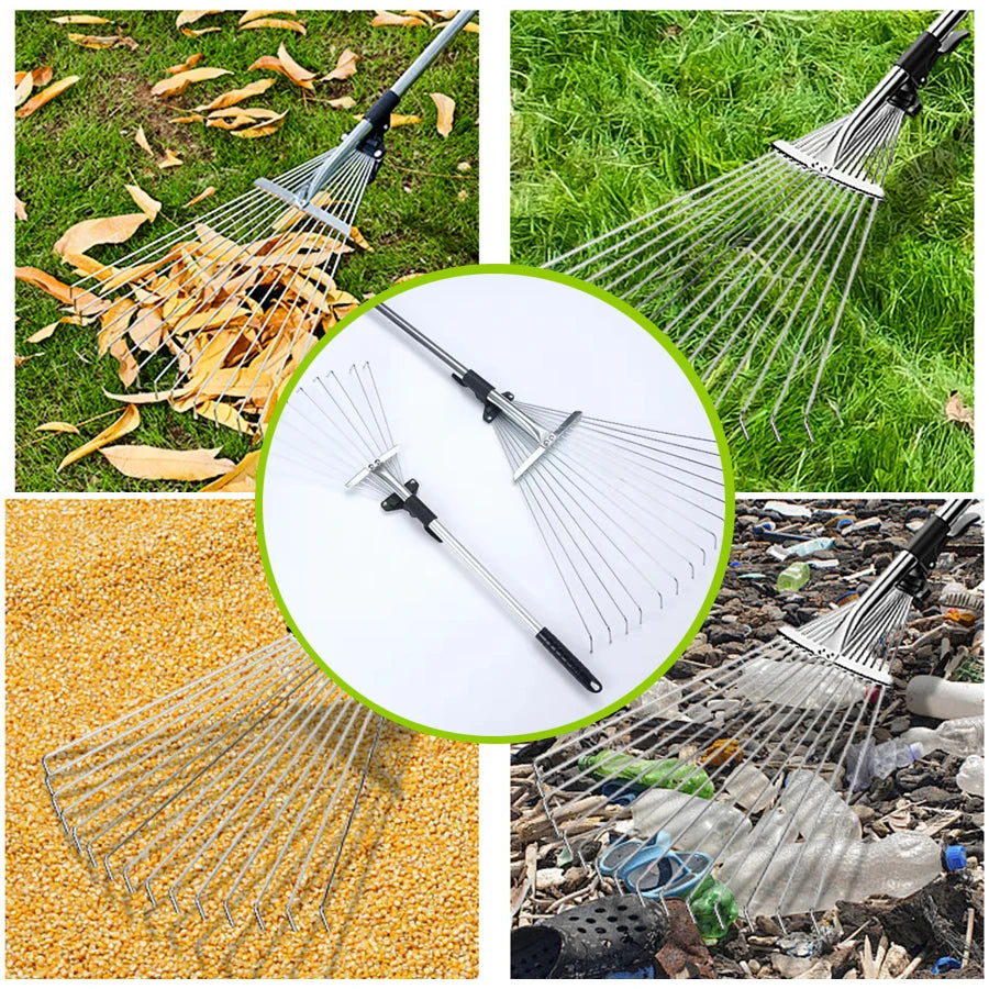 Steel Garden Rake - Retractable Handle Multi-Tool Rake