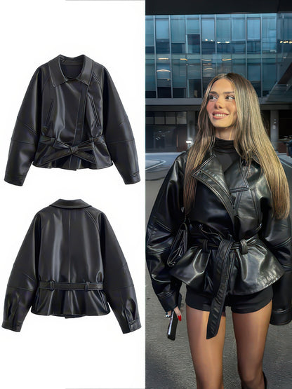 Women's Faux Leather Trench Jacket with Belt, Lapel Moto Coat in Black, Wine Red and Brown