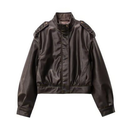 Women's Leather-Effect Blazer Jacket with Stand Collar, All-Season Streetwear