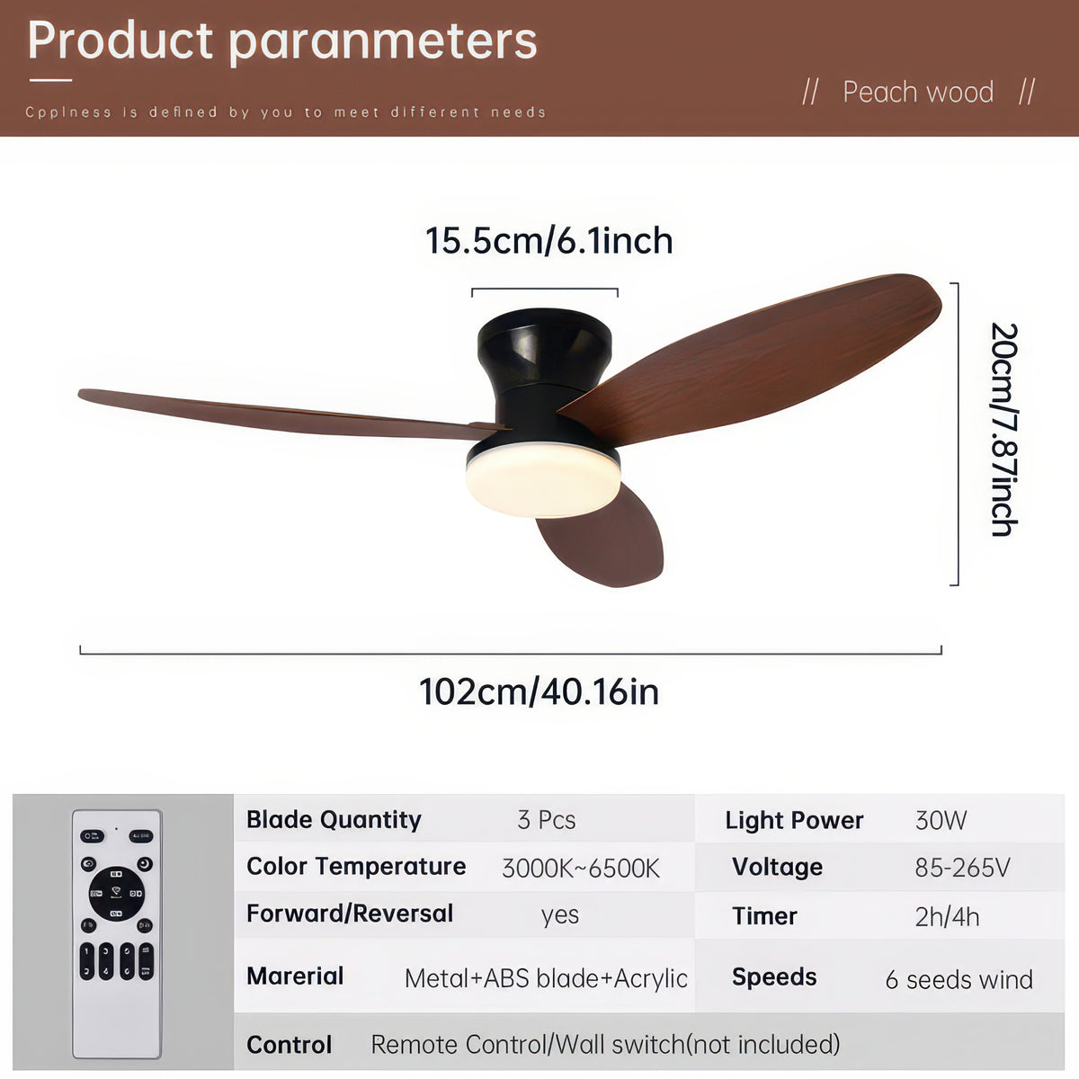 Three-Blade Ceiling Fan with Dimmable Light and Remote