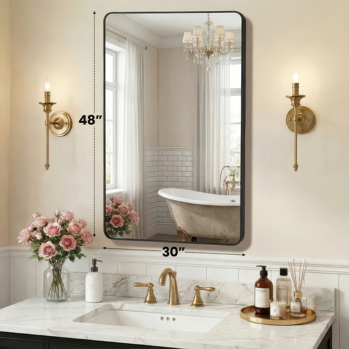 Tempered Glass Wall Mirror with Aluminum Frame, Multiple Sizes, Horizontal or Vertical