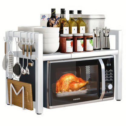 Expandable Microwave Shelf with 6 Hooks Kitchen Storage Rack Extendable 40-64cm