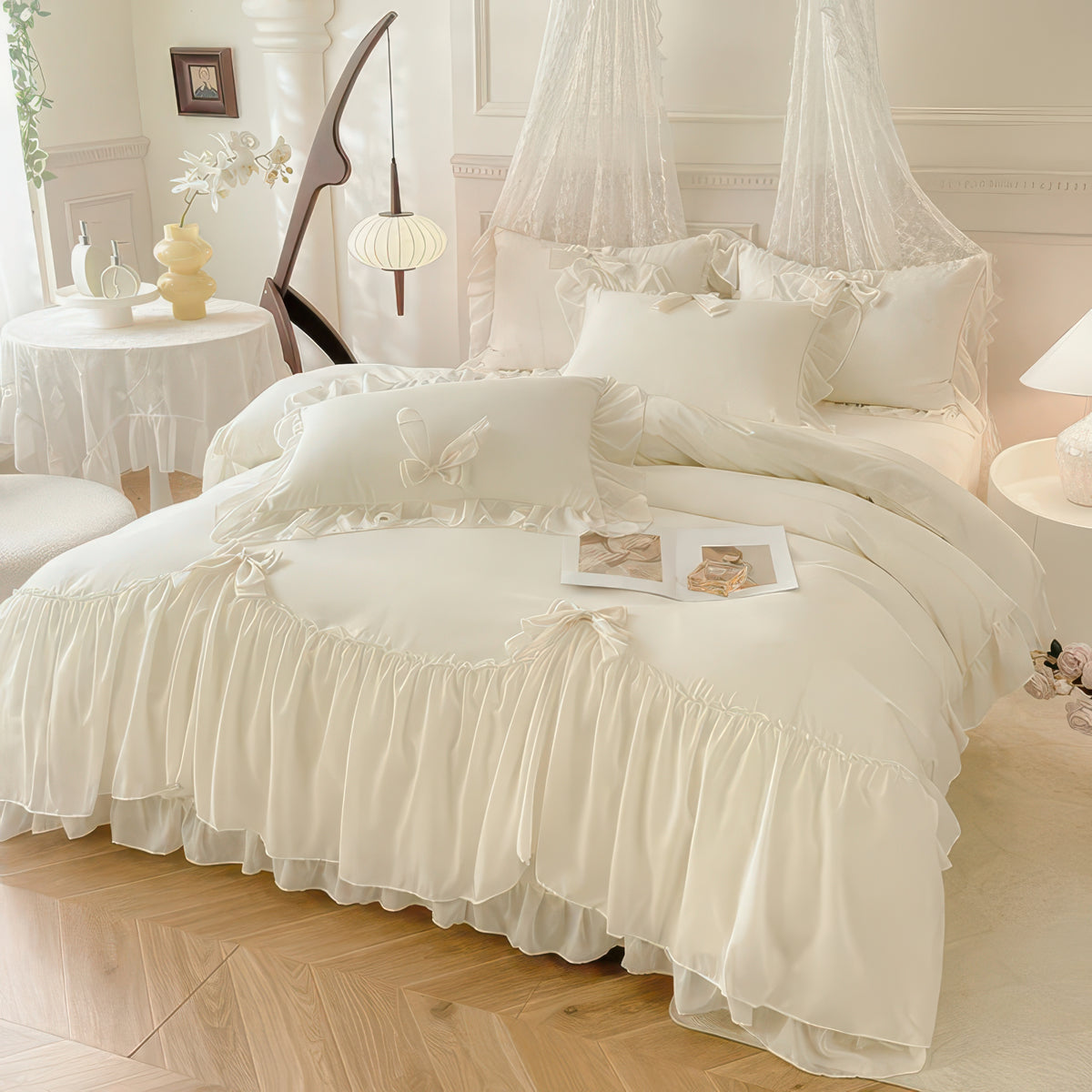 Ruffle Duvet Cover Set – 3pcs White Bedding for Guest Room