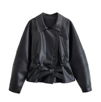 Women's Faux Leather Trench Jacket with Belt, Lapel Moto Coat in Black, Wine Red and Brown
