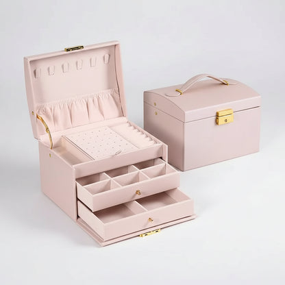 Drawer Jewelry Box – Three Layer Leather Lockable Case