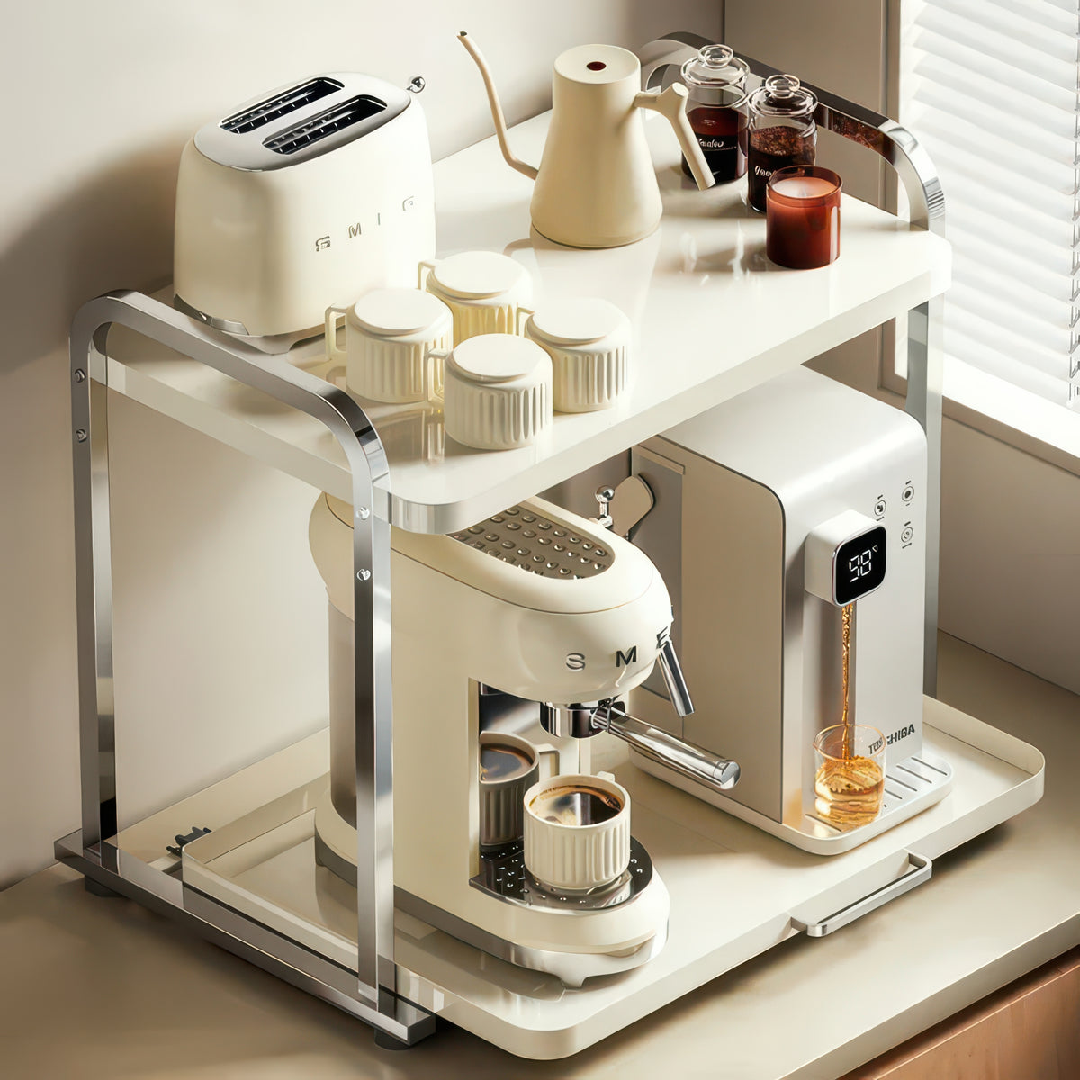 2-Layer Pull-Out Microwave Oven & Free-Standing Kitchen Storage Shelf