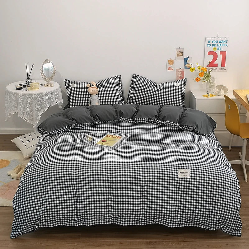 Japanese Style Duvet Cover – 100% Cotton Plaid Stripe Bedding Set