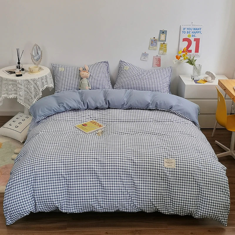 Japanese Style Duvet Cover – 100% Cotton Plaid Stripe Bedding Set