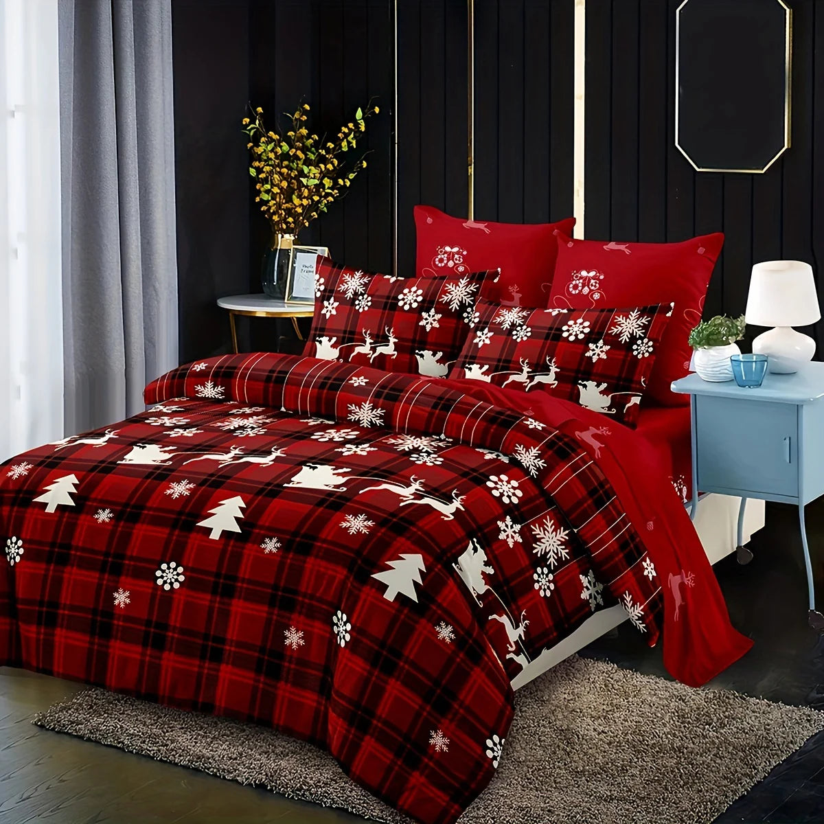 Christmas Duvet Cover Set – Elk Snowflake Print 3-Piece Bedding