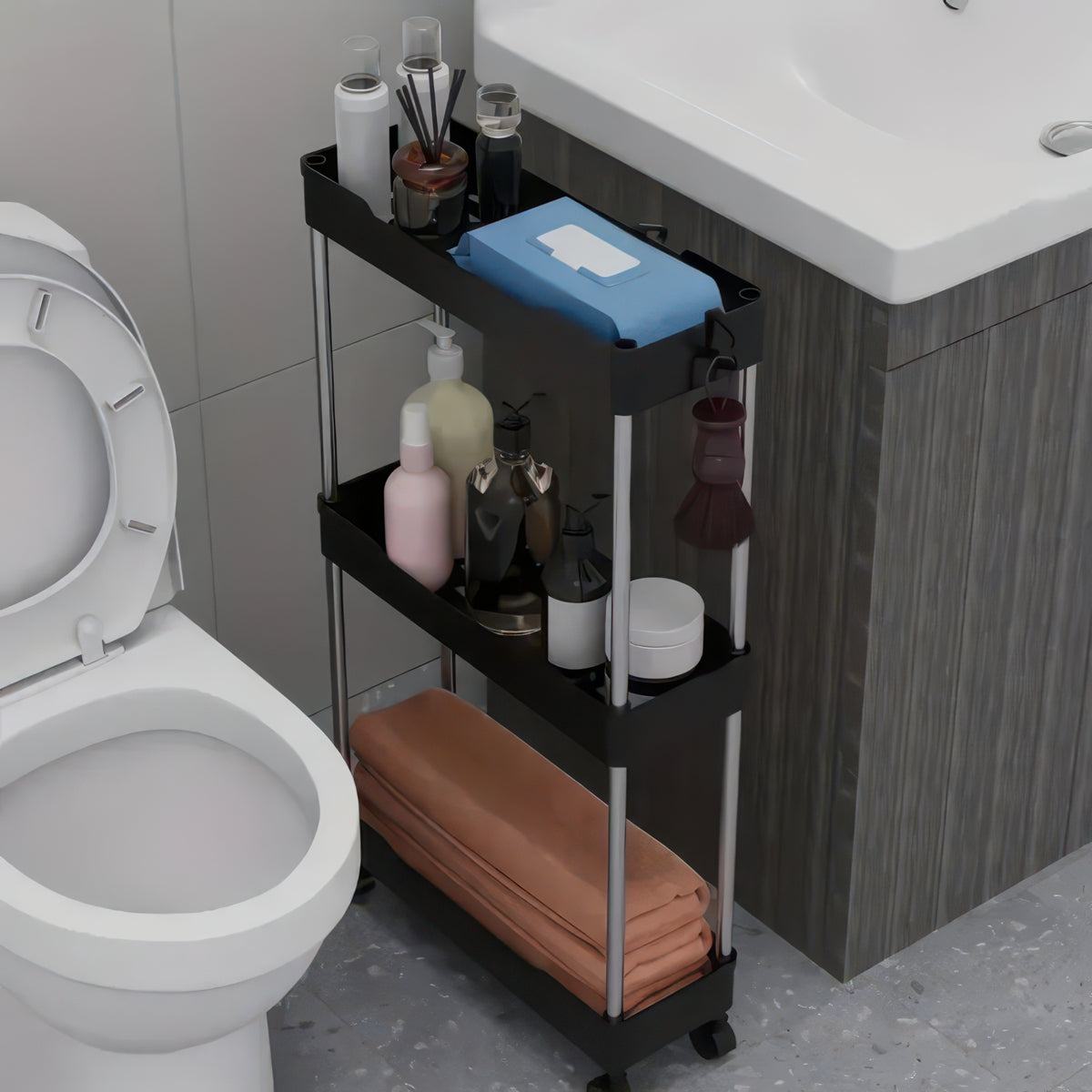 Push Trolley Multi-Layer Floor Storage Shelf for Bathroom and Kitchen (Slim)
