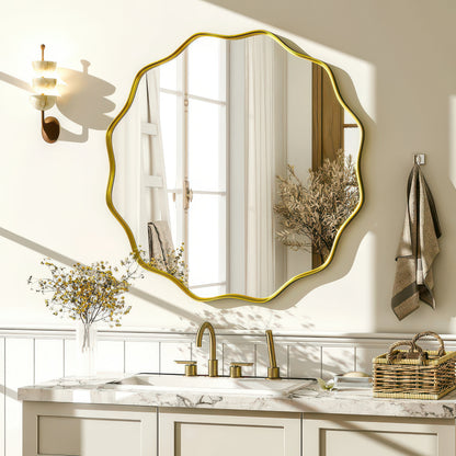 Wavy Round Decorative Bathroom Wall Mirror with Deep Frame, Gold or Black