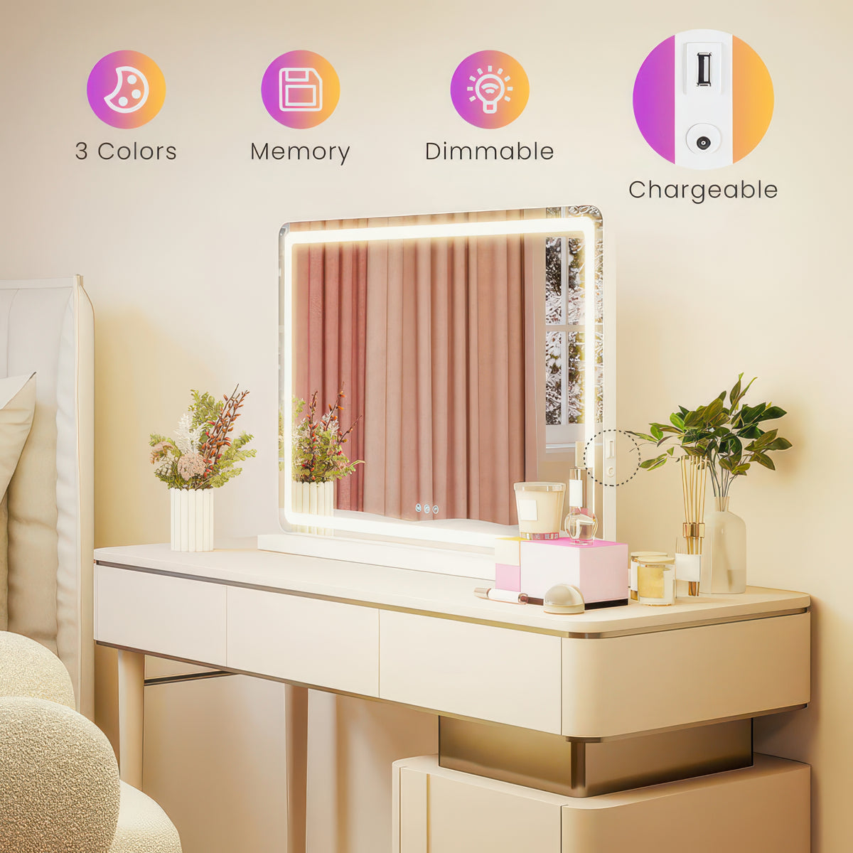JHK LED Vanity Mirror with Lights, Aluminum Frame, Dimmable 3 Color Modes, Memory Function