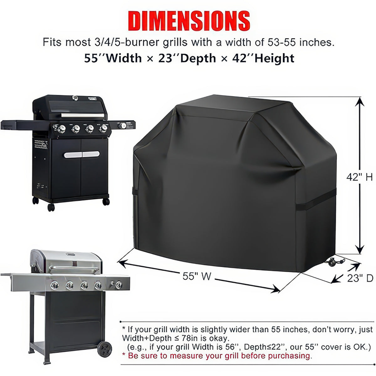 Waterproof BBQ Grill Cover with Hook-and-Loop Straps, Fits 22 to 72 Inch Grills