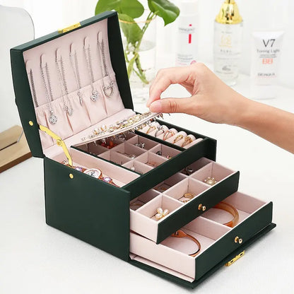 Drawer Jewelry Box – Three Layer Leather Lockable Case