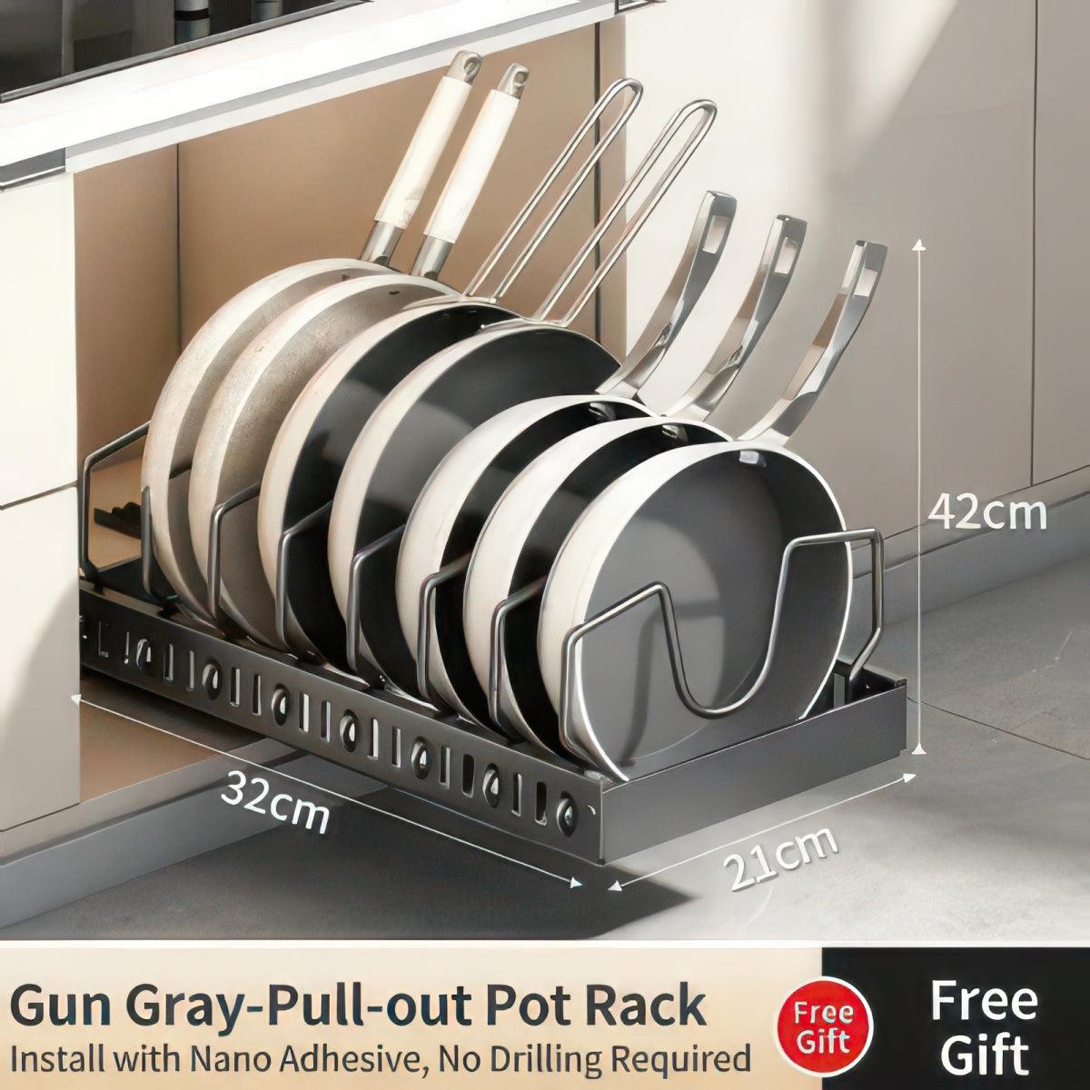 Under-Cabinet Sliding Pots and Pans Organizer with 8 Adjustable Dividers