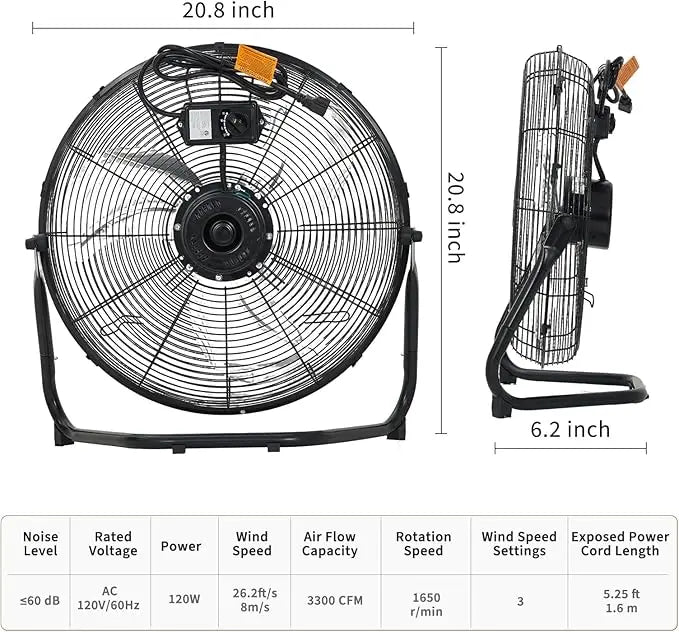 12/18/20-Inch Three-Speed Industrial Floor Fan with Carry Handle