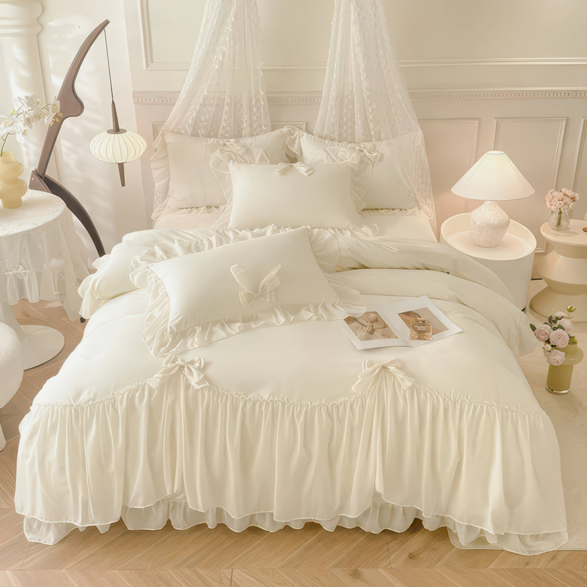 Ruffle Duvet Cover Set – 3pcs White Bedding for Guest Room