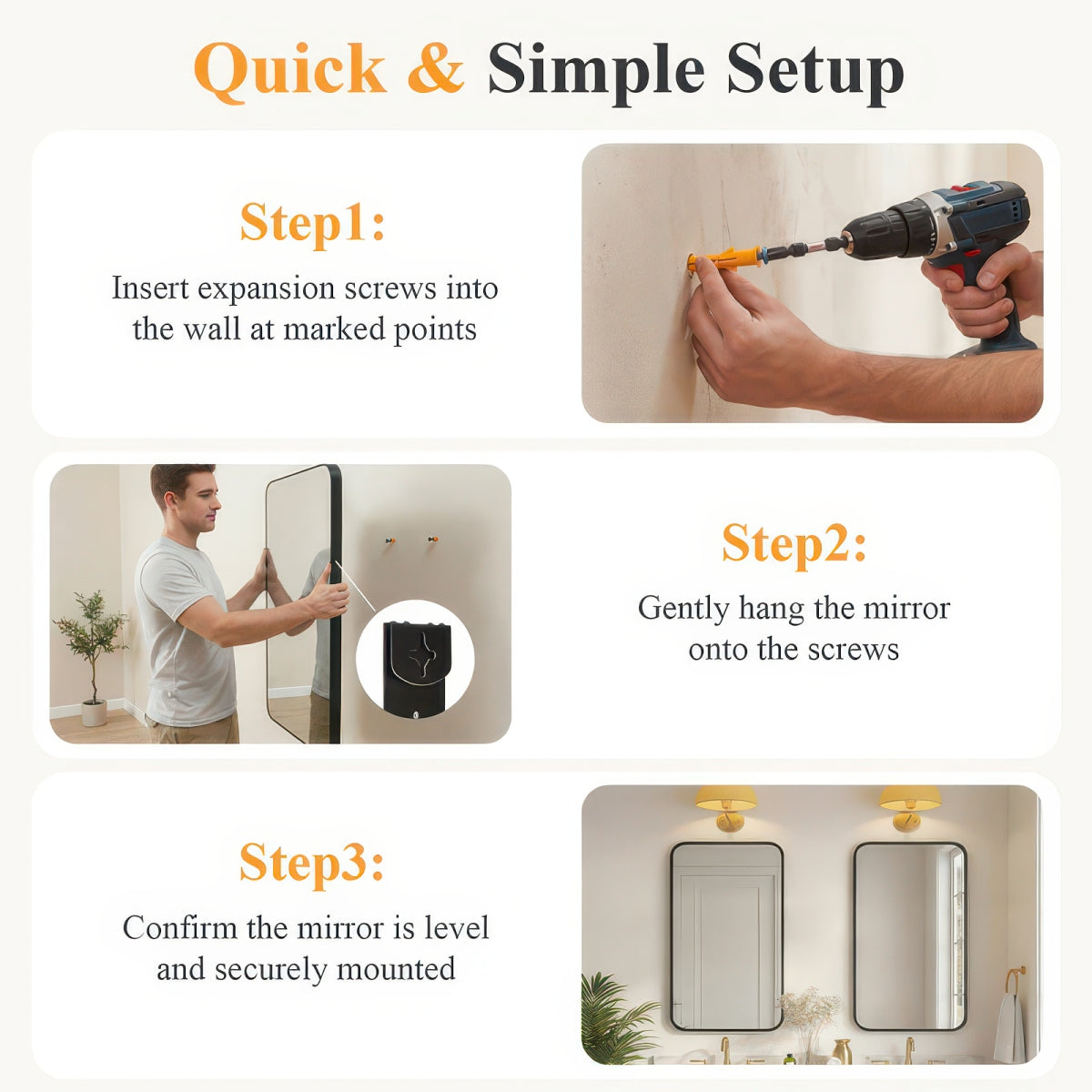 Tempered Glass Wall Mirror with Aluminum Frame, Multiple Sizes, Horizontal or Vertical