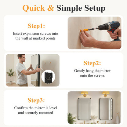 Tempered Glass Wall Mirror with Aluminum Frame, Multiple Sizes, Horizontal or Vertical