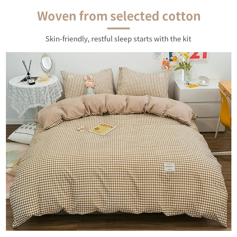 Japanese Style Duvet Cover – 100% Cotton Plaid Stripe Bedding Set