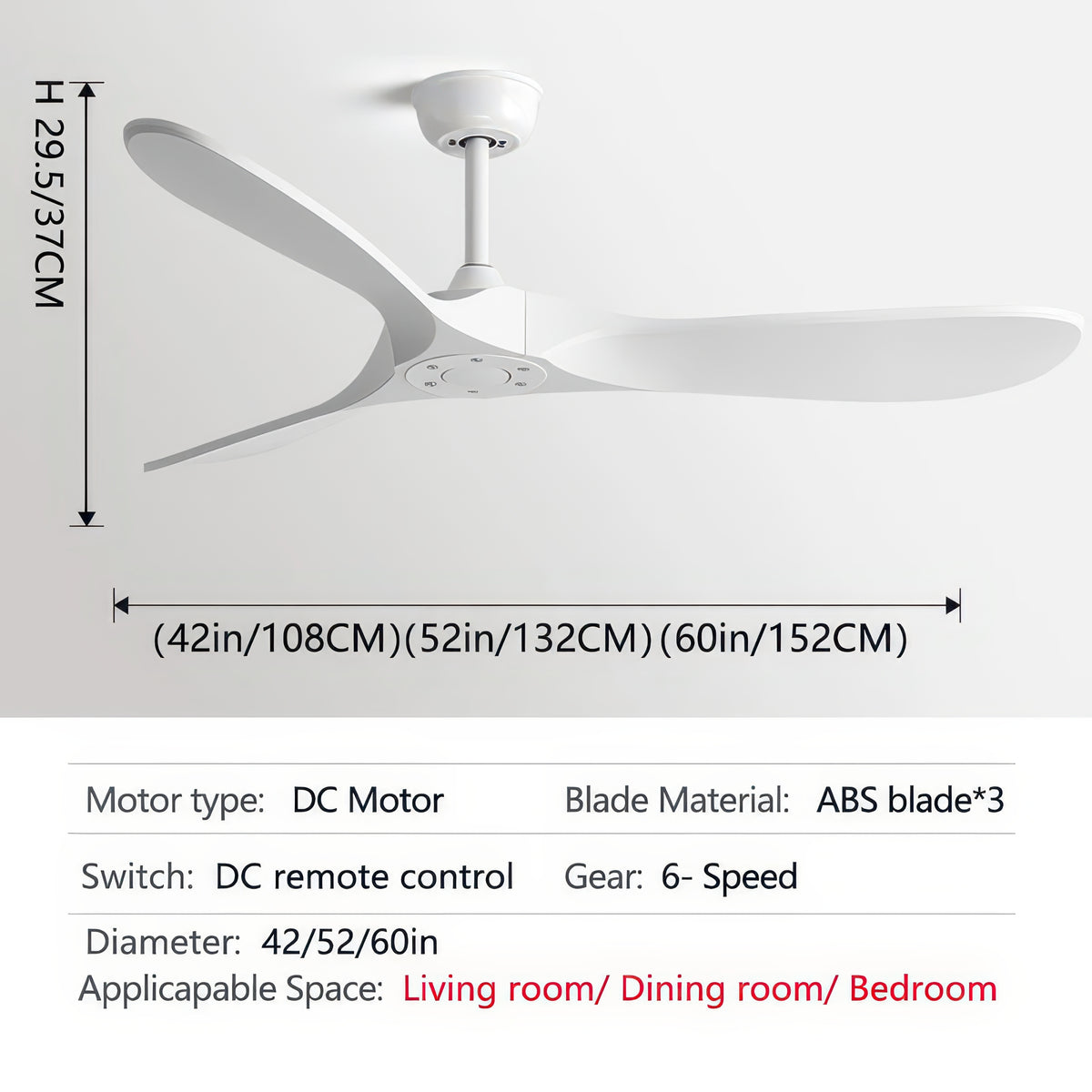 36/42/52/60-Inch Ceiling Fan with Six Speeds, No Light