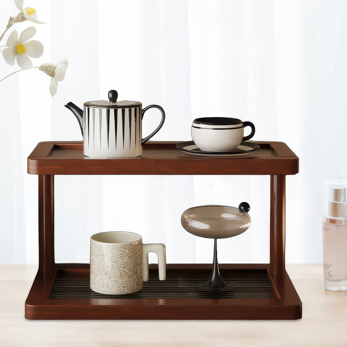 2-Tier Bamboo Countertop Shelf with Clear Acrylic Bottom for Cosmetics & Spices