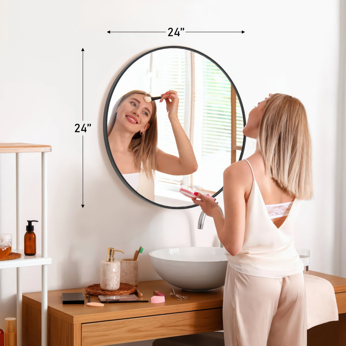 JHK Round Vanity Framed Mirror Matte Metal Frame Tempered Glass 30 Inch