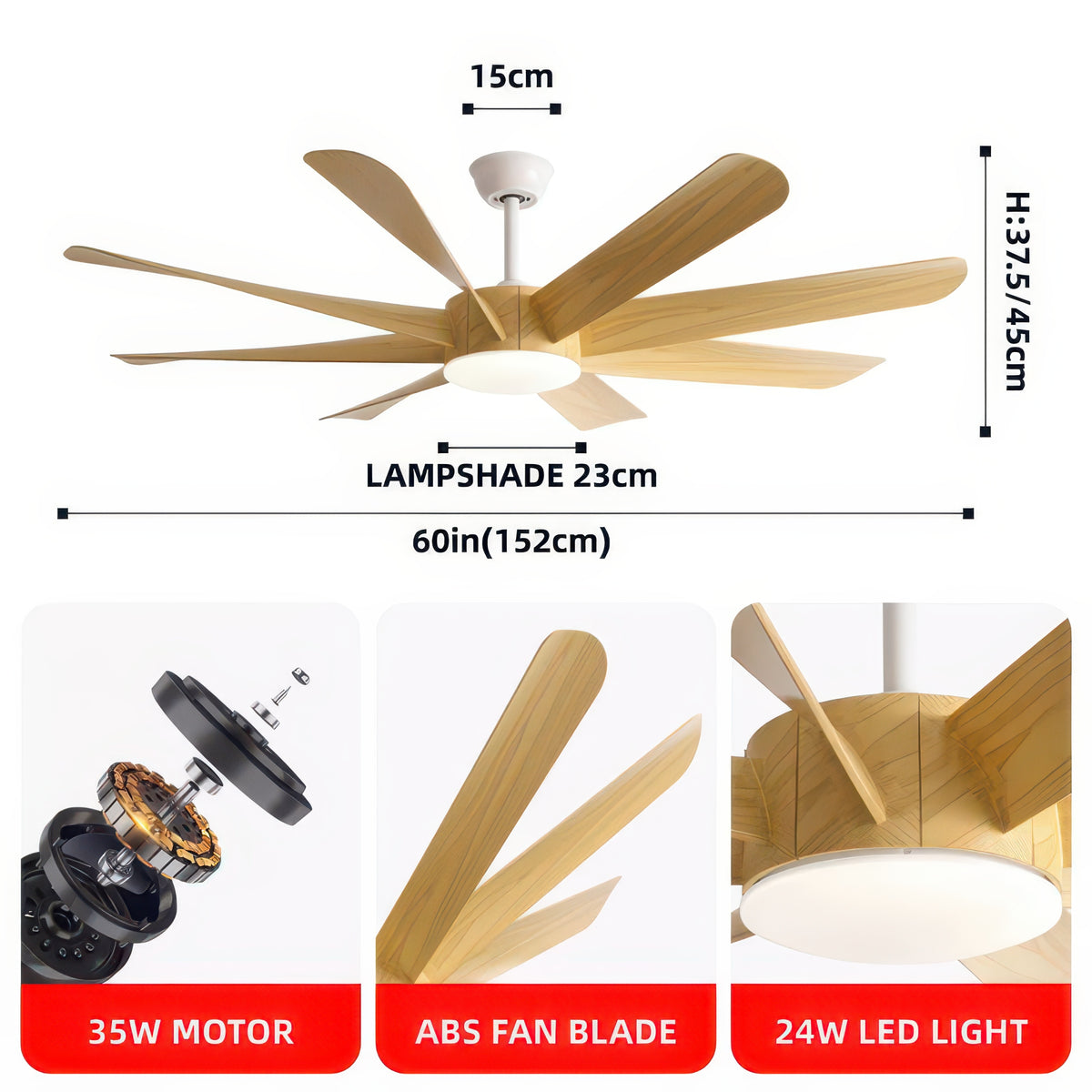 FUMANJIA 60-Inch Ceiling Fan with Light for Home – 8 Blades, Remote