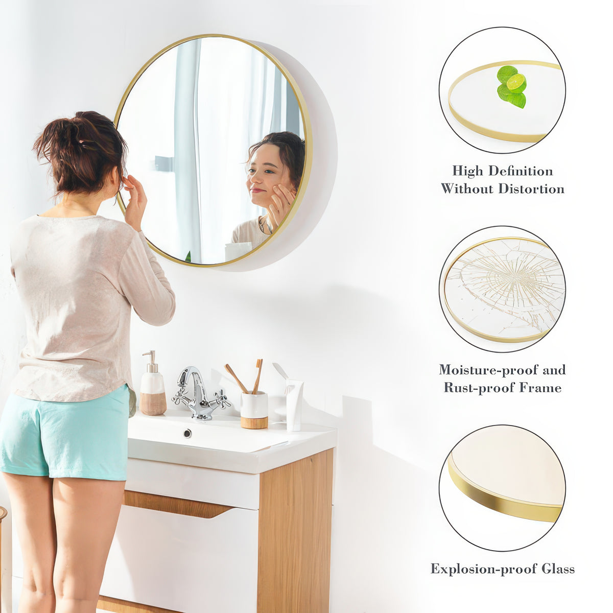 JHK Round Vanity Framed Mirror Matte Metal Frame Tempered Glass 30 Inch
