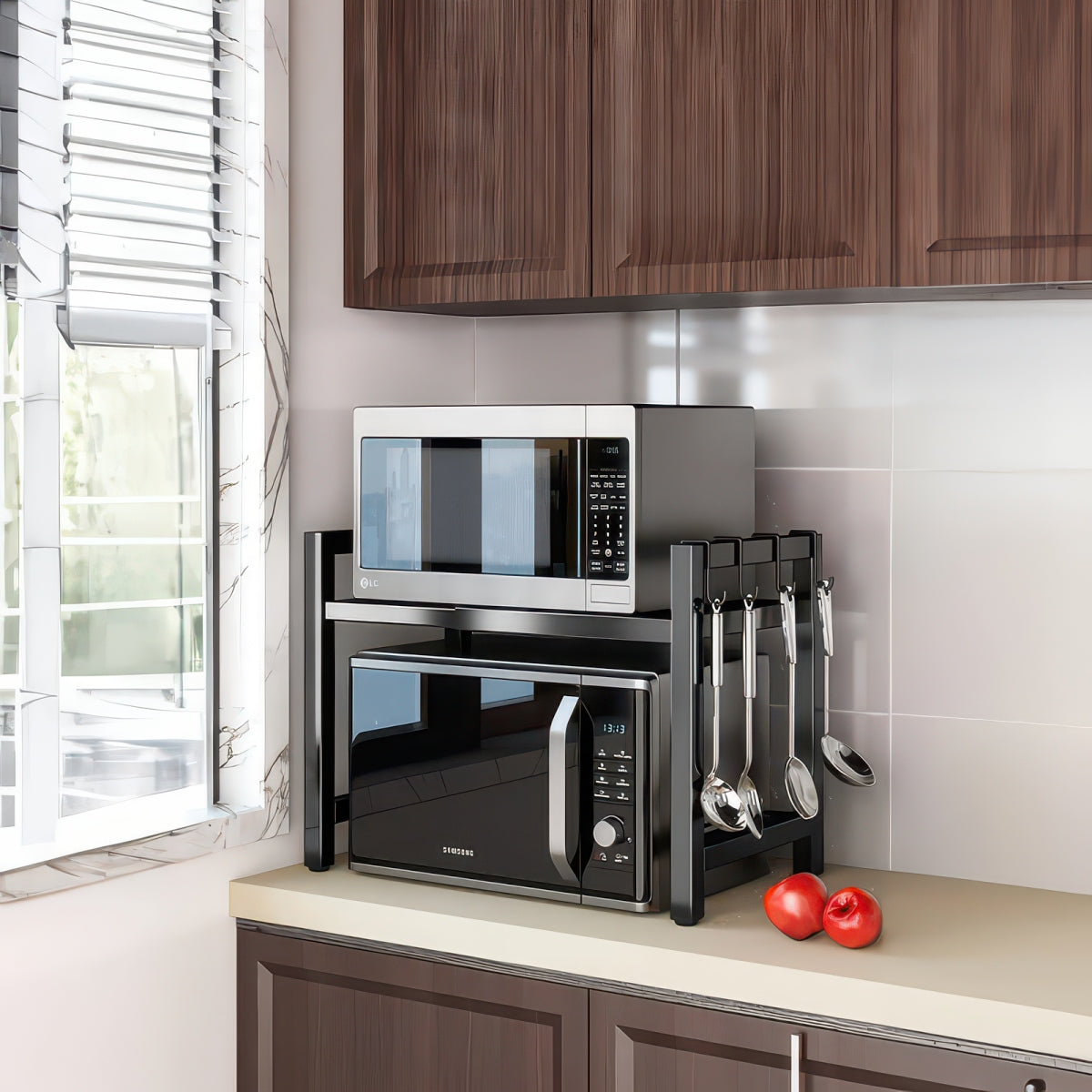 Expandable Microwave Shelf with 6 Hooks Kitchen Storage Rack Extendable 40-64cm