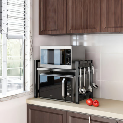 Expandable Microwave Shelf with 6 Hooks Kitchen Storage Rack Extendable 40-64cm