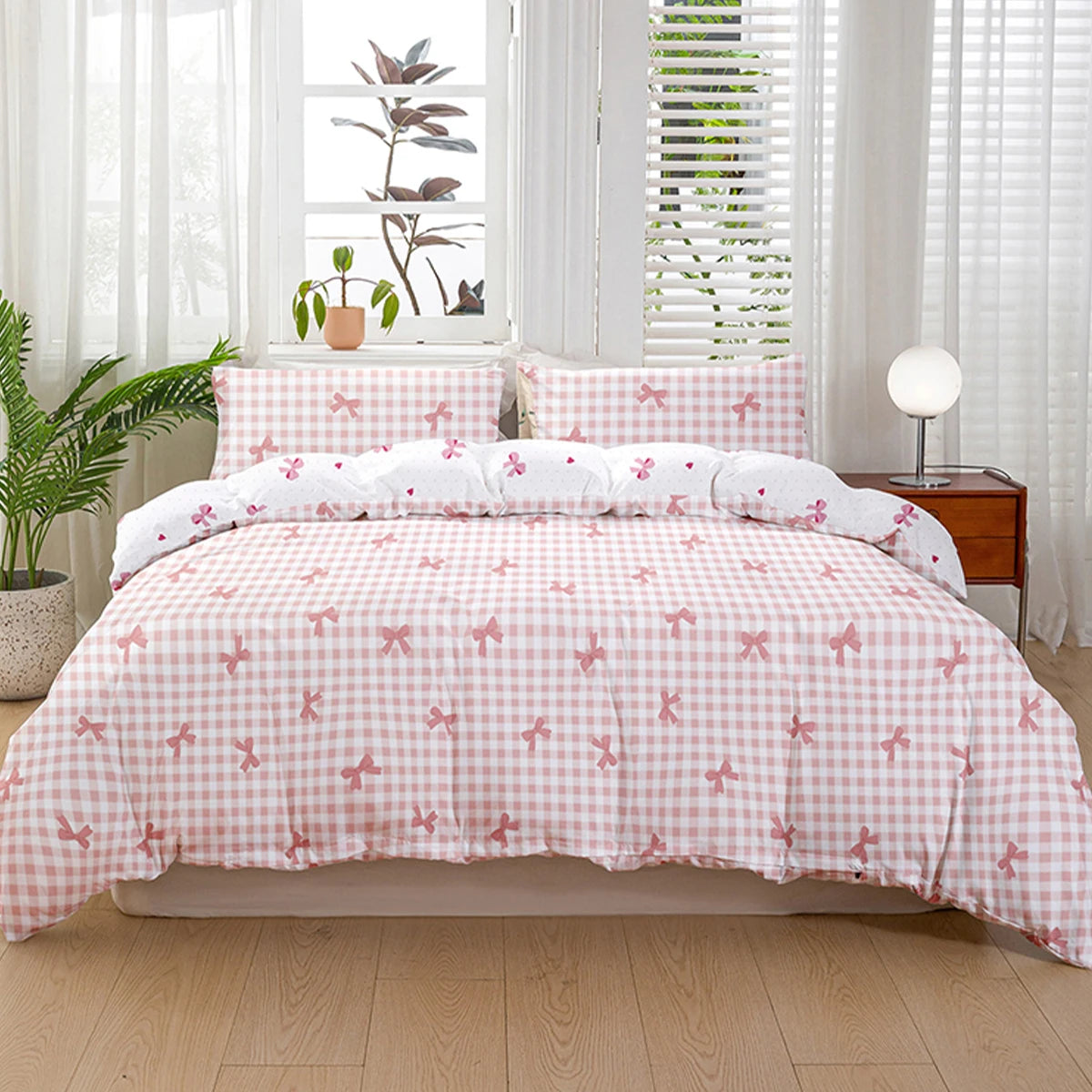 Plaid Duvet Cover Set – Bow Print 3pcs Soft Bedding