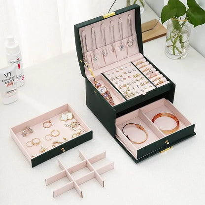 Drawer Jewelry Box – Three Layer Leather Lockable Case