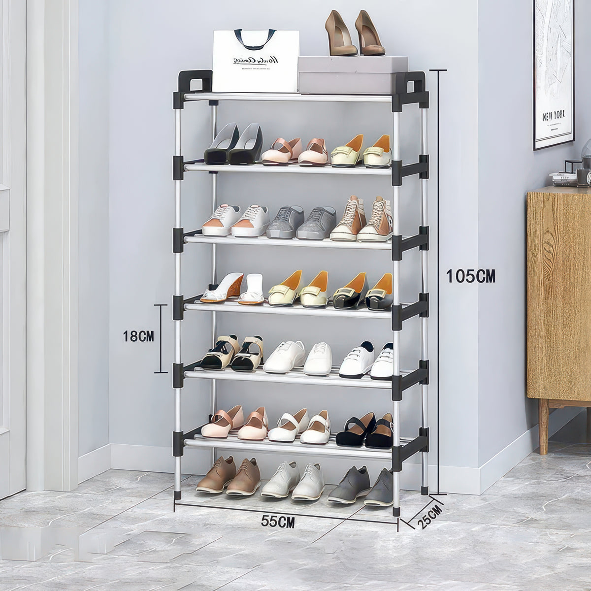 Three-to-Seven-Tier Black Shoe Rack with Assembly Hammer