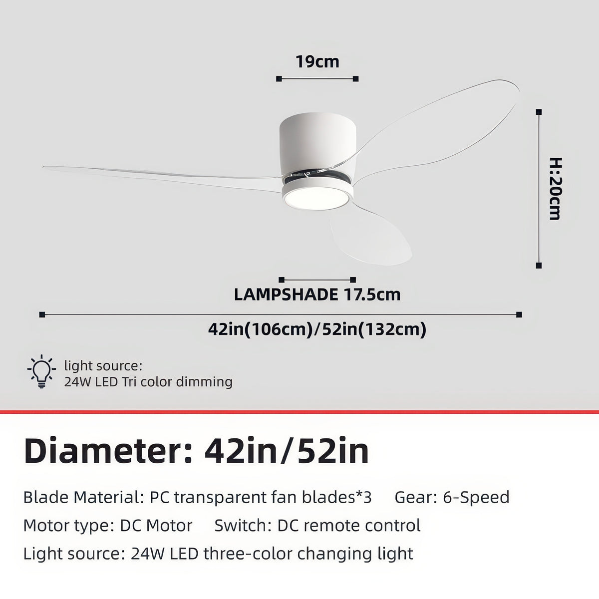 42/52-Inch Ceiling Fan with Transparent Blades and Remote