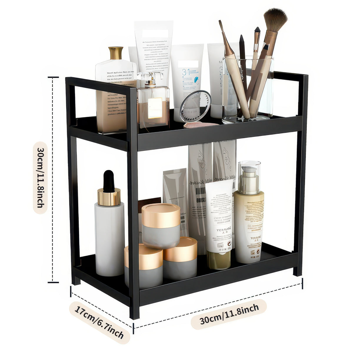 2-Tier Desktop Shelf Iron & PP Organizer for Makeup Countertop 30x17x30cm
