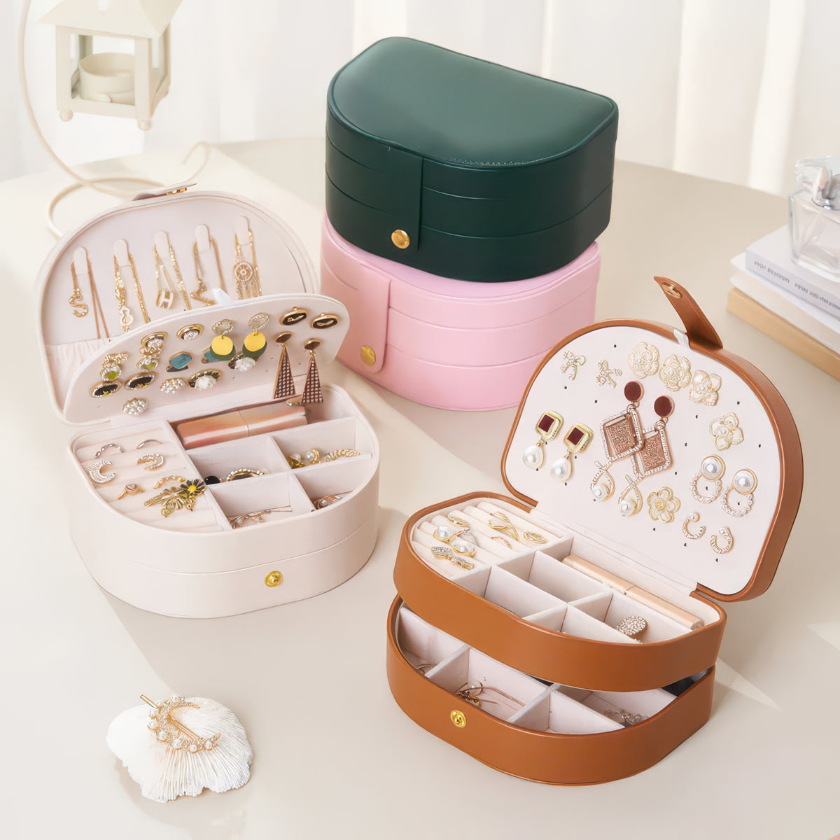 Travel Jewelry Storage Box with Leather Exterior