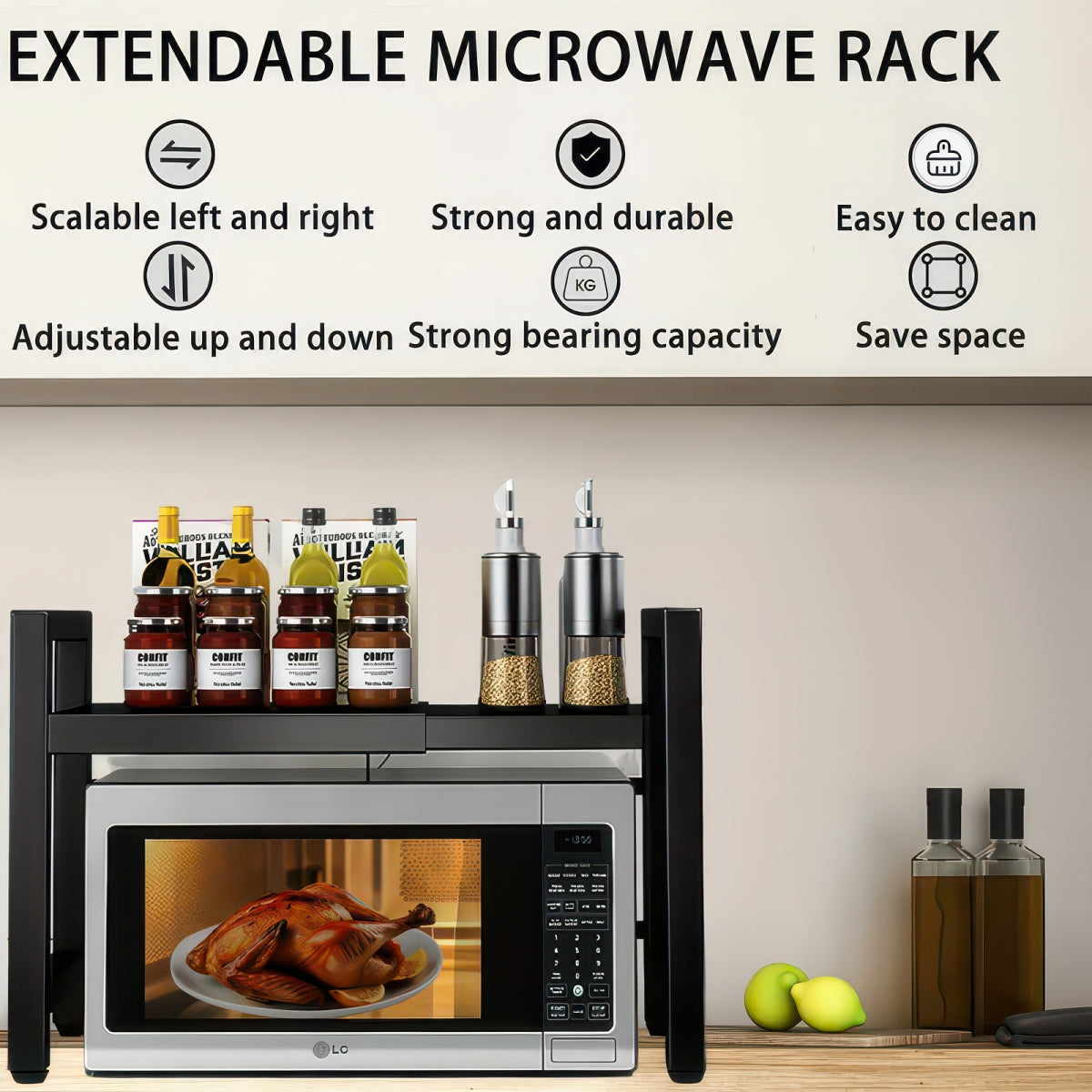 Expandable Microwave Shelf with 6 Hooks Kitchen Storage Rack Extendable 40-64cm