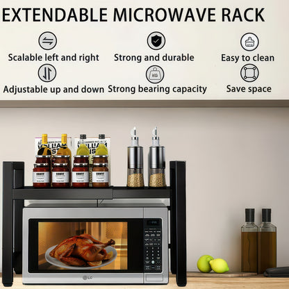 Expandable Microwave Shelf with 6 Hooks Kitchen Storage Rack Extendable 40-64cm