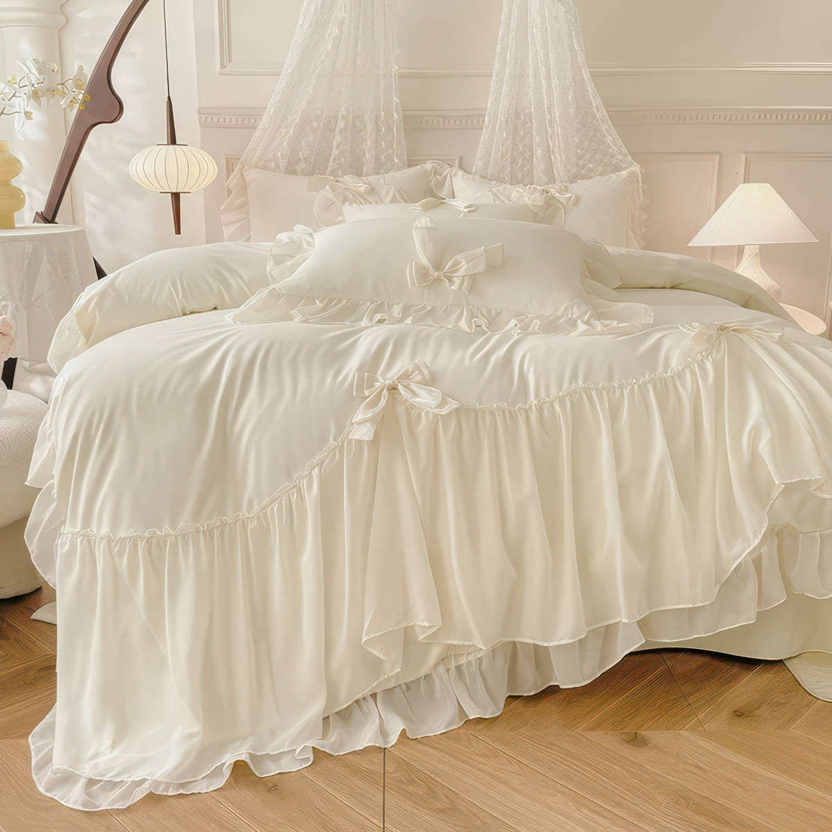 Ruffle Duvet Cover Set – 3pcs White Bedding for Guest Room